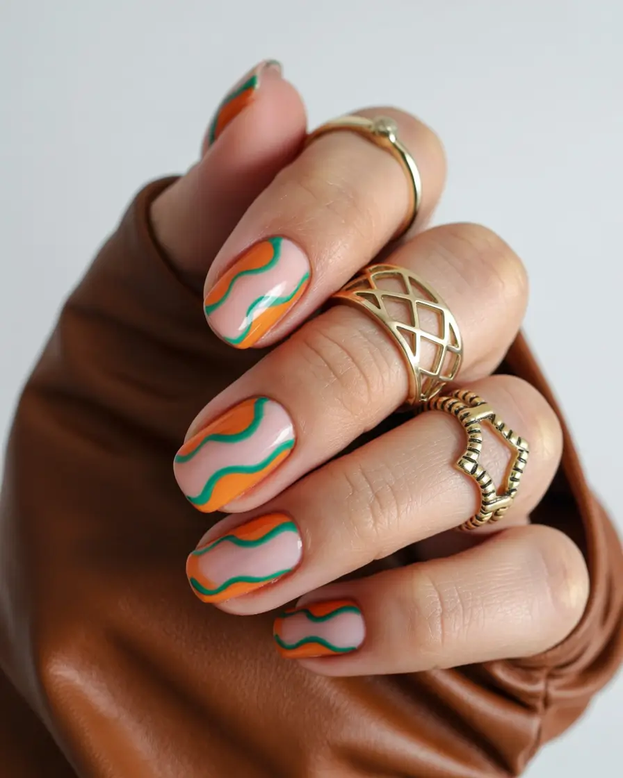 Best Fall Nail Colors for Medium Skin 2025 Retro Orange and Green Waves