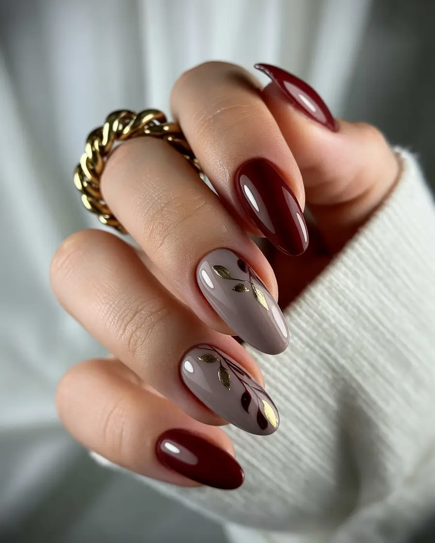 Best Fall Nail Colors for Medium Skin 2025 Burgundy and Taupe with Golden Touches