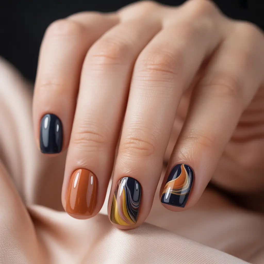 Best Fall Nail Colors for Medium Skin 2025 Midnight Amber Swirl