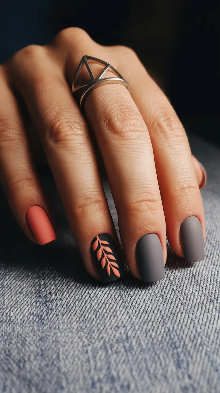 Best Fall Nail Colors for Medium Skin 2025 Matte Gray and Burnt Coral Contrast