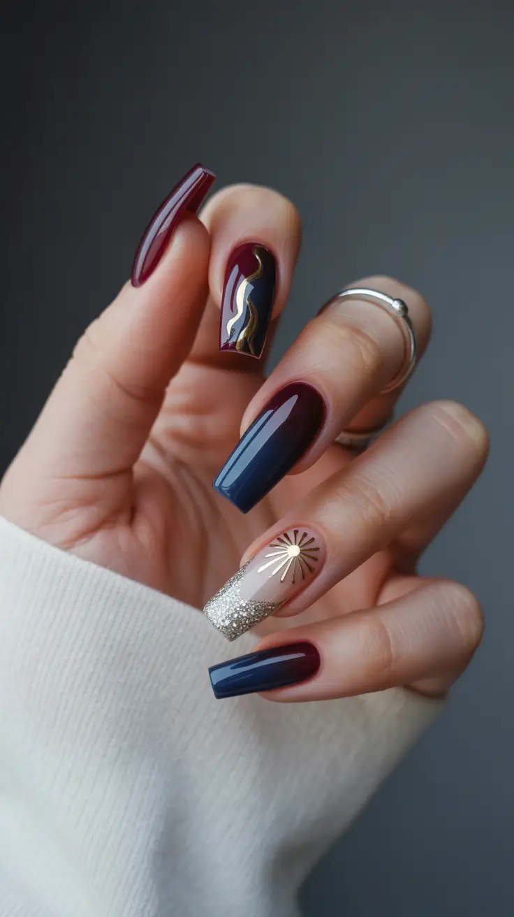 Best Fall Nail Colors for Medium Skin 2025 Wine and Midnight with Metallic Highlights