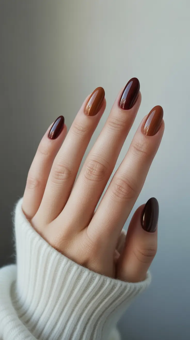 brown fall nails 2025 Glossy Mocha and Caramel Gradient
