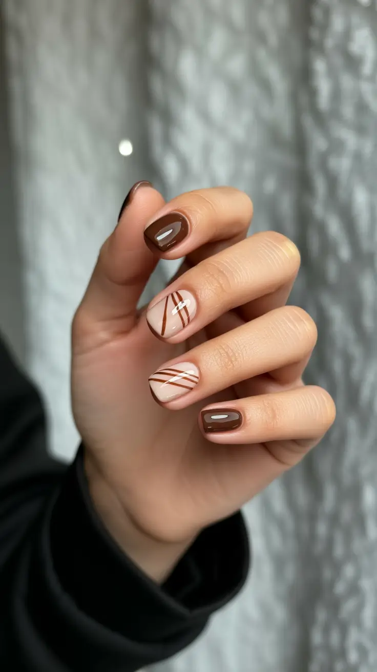 brown fall nails 2025 Short Chocolate Nails with Copper Stripes