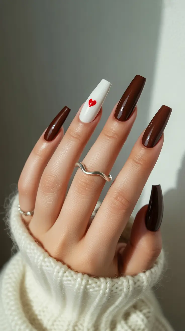 brown fall nails 2025 Deep Cocoa with a Heart Accent