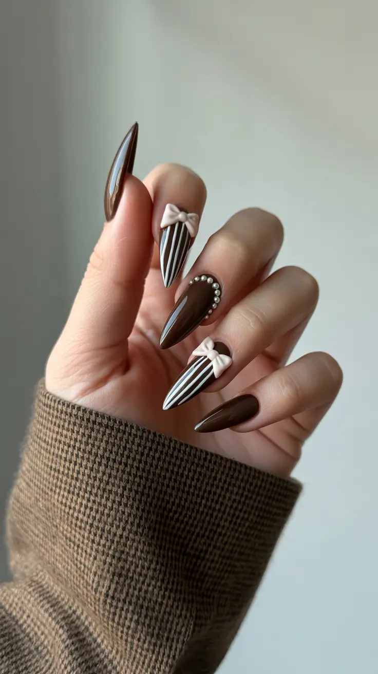 brown fall nails 2025 Chocolate Bows and Striped Glam