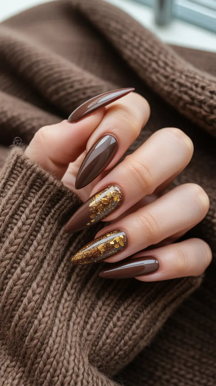 brown fall nails 2025 Golden Leaf Accents on Glossy Brown