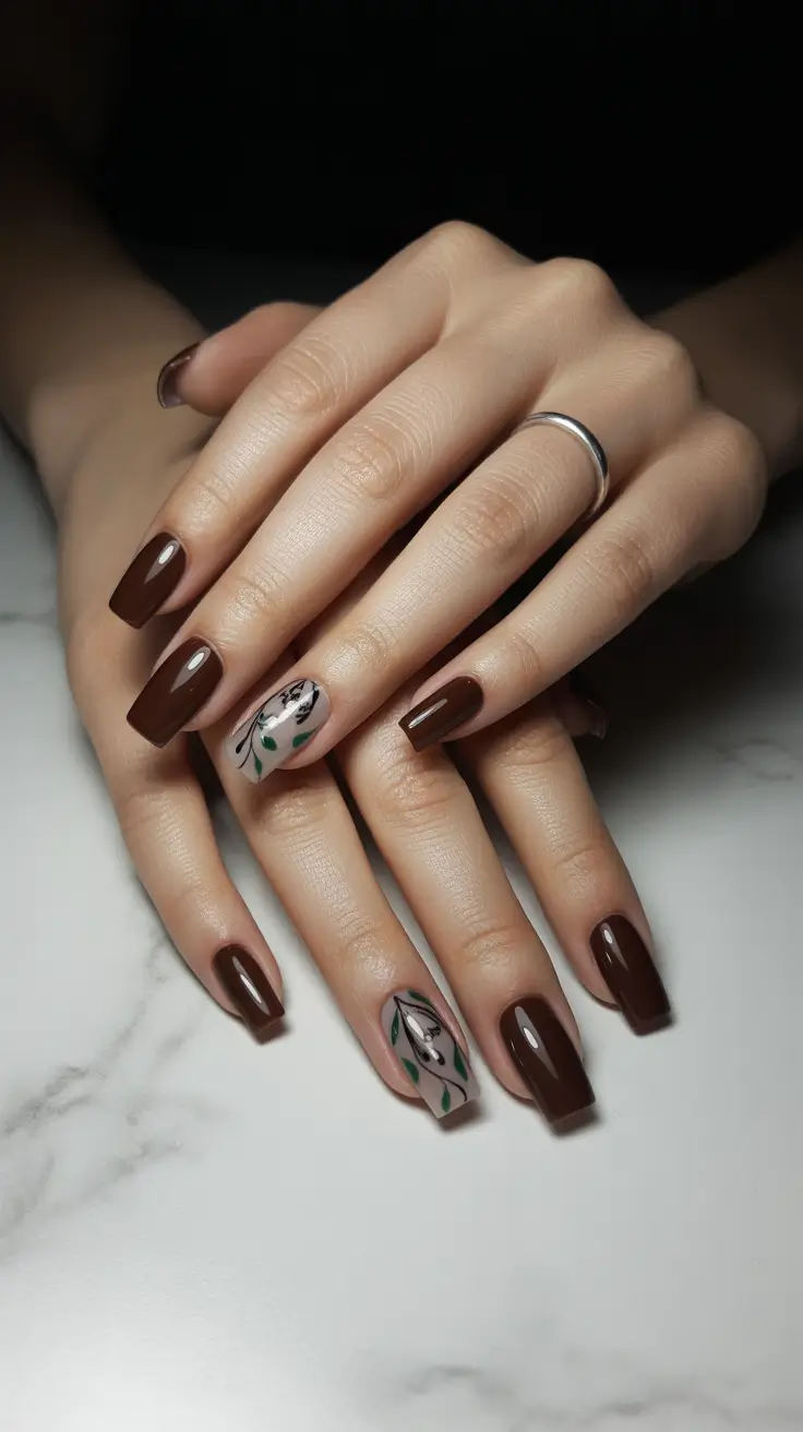brown fall nails 2025 Botanical Accents on Cocoa Squares