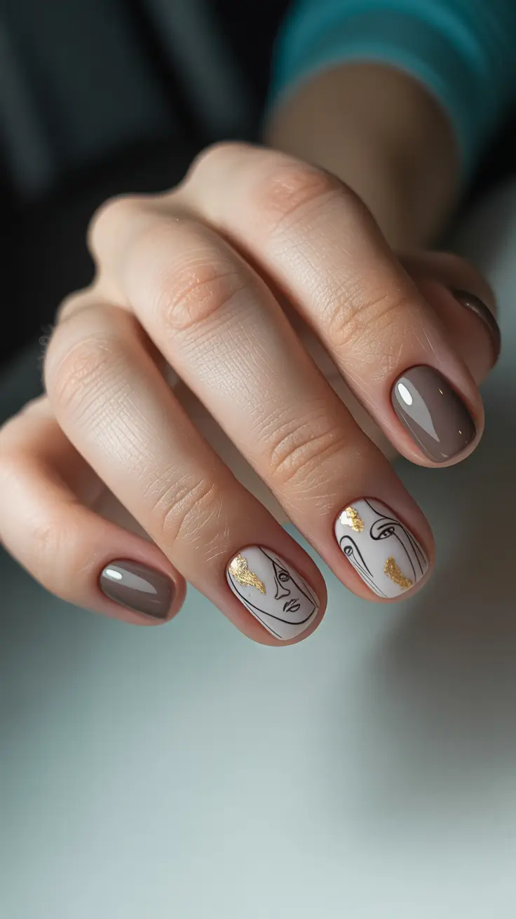 brown fall nails 2025 Artistic Neutral with Golden Accents