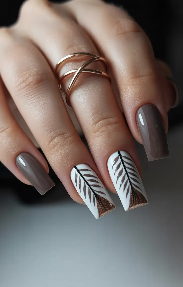 brown fall nails 2025 Minimalist Leaves in Taupe and White