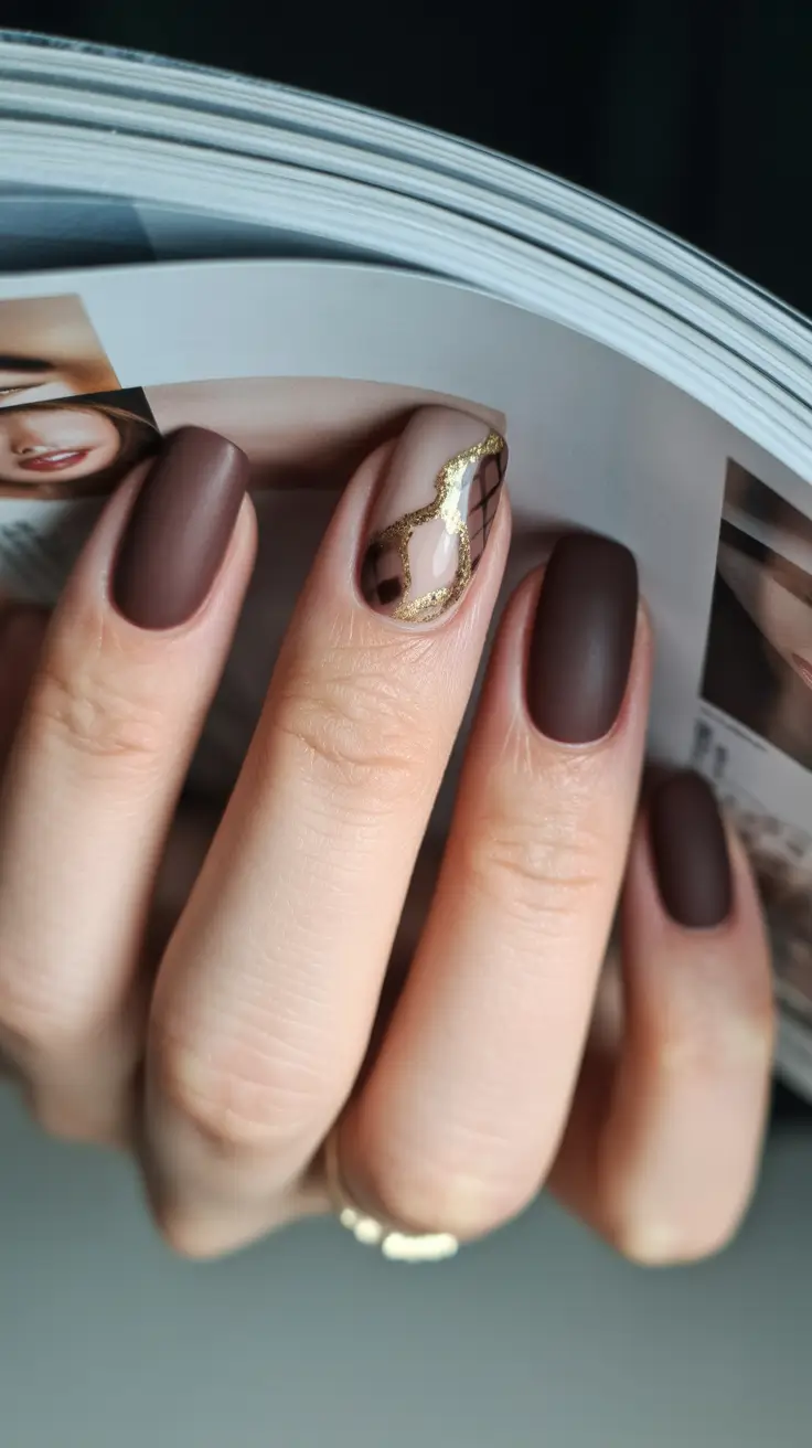 brown fall nails 2025 Chocolate Matte with Golden Veins