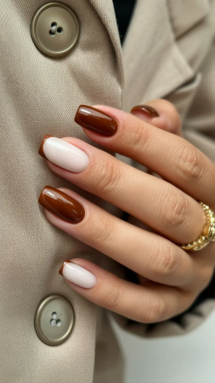 brown fall nails 2025 Classic French with a Caramel Twist