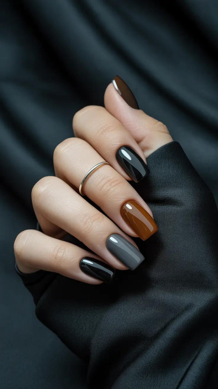 brown fall nails 2025 Moody Charcoal and Coffee Tones