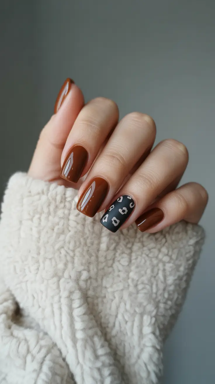 brown fall nails 2025 Rusty Brown with Leopard Accent