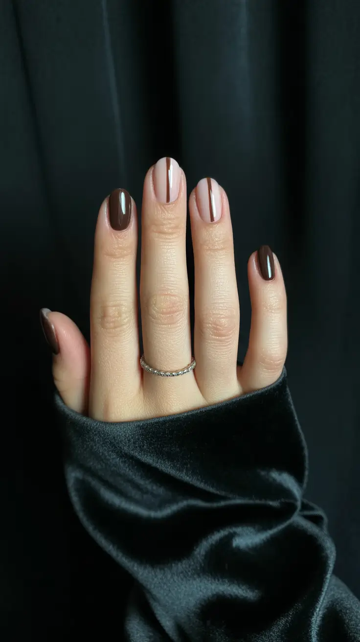 brown fall nails 2025 Split Brown and Nude Minimalism