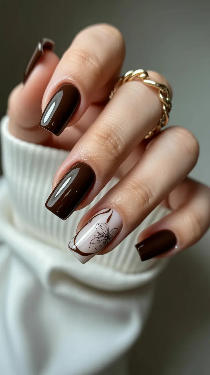brown fall nails 2025 Dark Cocoa with Floral Accent