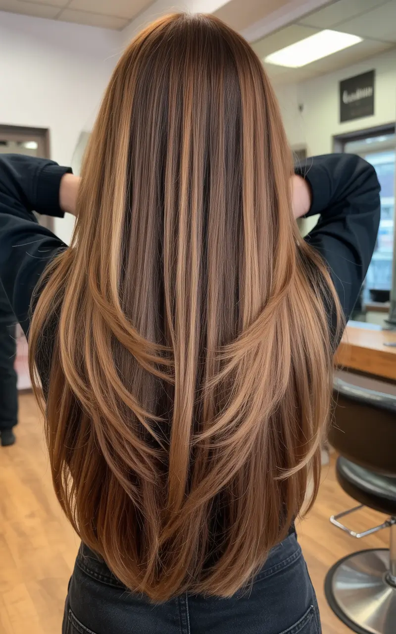 Chestnut brown fall hair color 2025 Straight Layers with Caramel Highlights