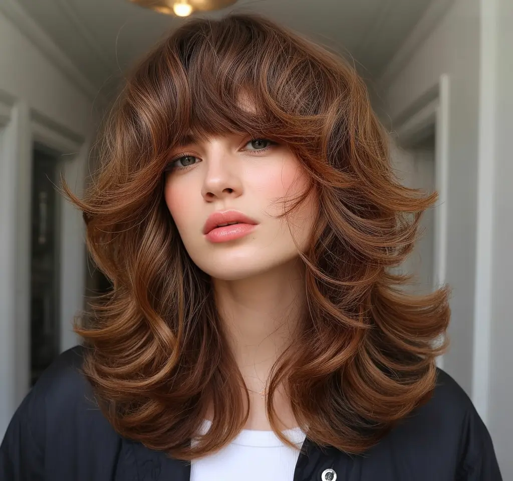 Chestnut brown fall hair color 2025 Feathered Layers in Rich Chestnut