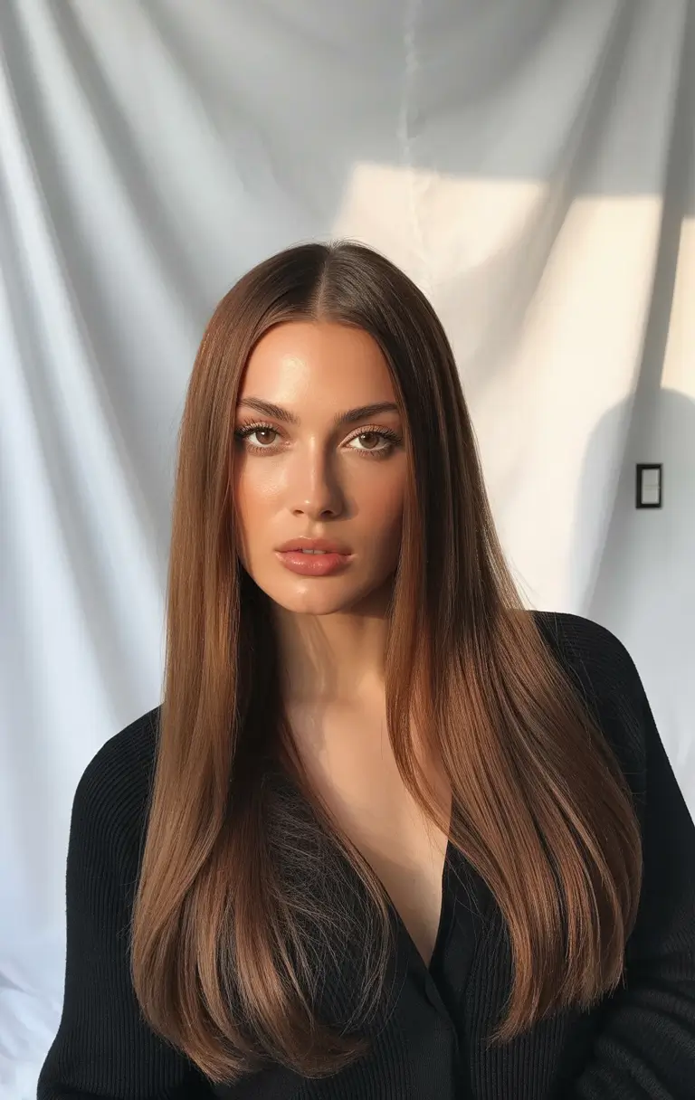 Chestnut brown fall hair color 2025 Sunlit Straight Elegance