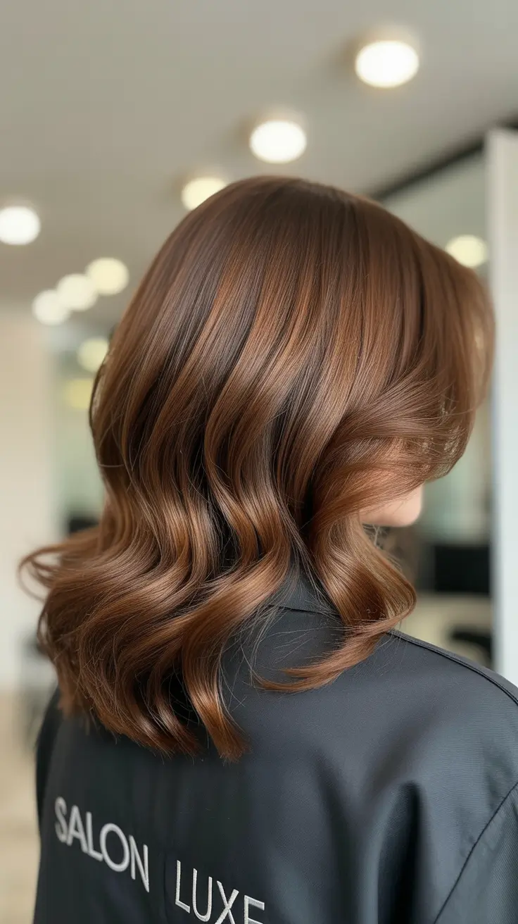 Chestnut brown fall hair color 2025 Romantic Mid-Length with Caramel Highlights