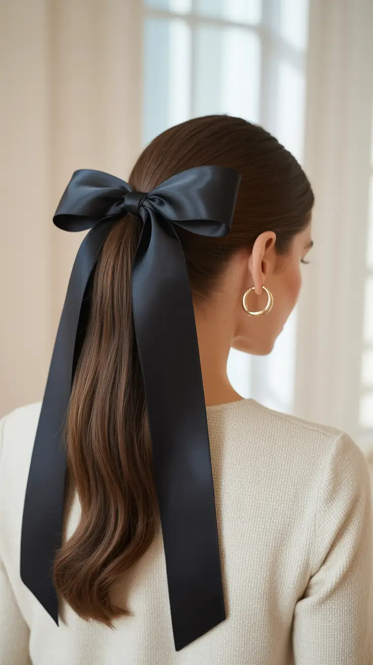 easy fall hairstyles 2025 Polished Ponytail with Satin Bow