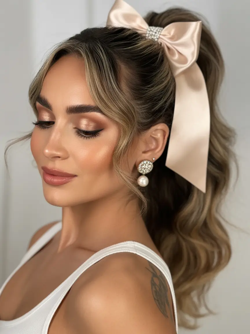 easy fall hairstyles 2025 High Ponytail with Satin Bow