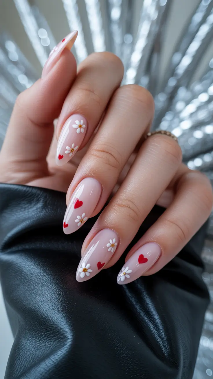 Cute Pink Fall Nails 2025 Hearts and Daisies Charm
