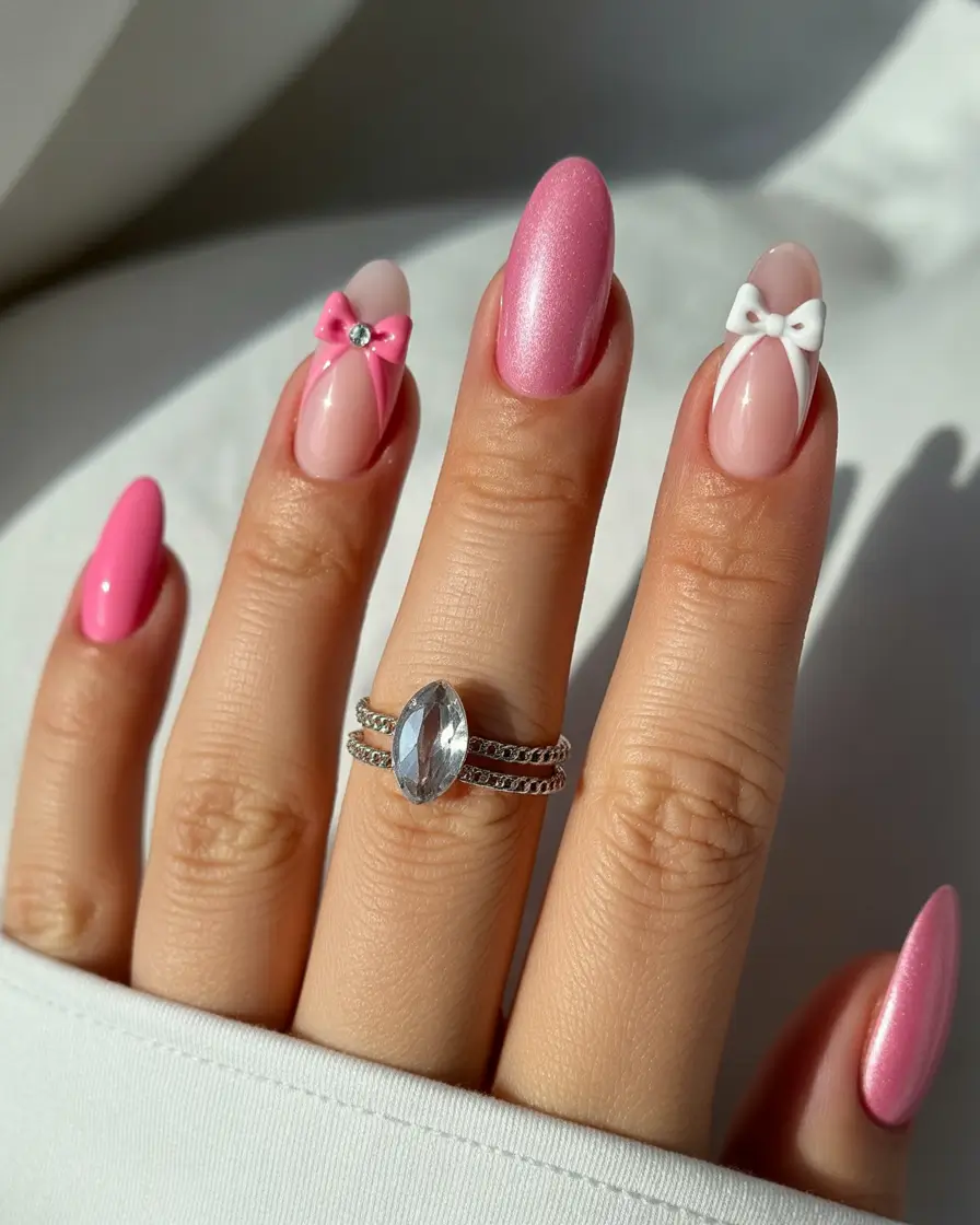 Cute Pink Fall Nails 2025 Girly Bow Accents