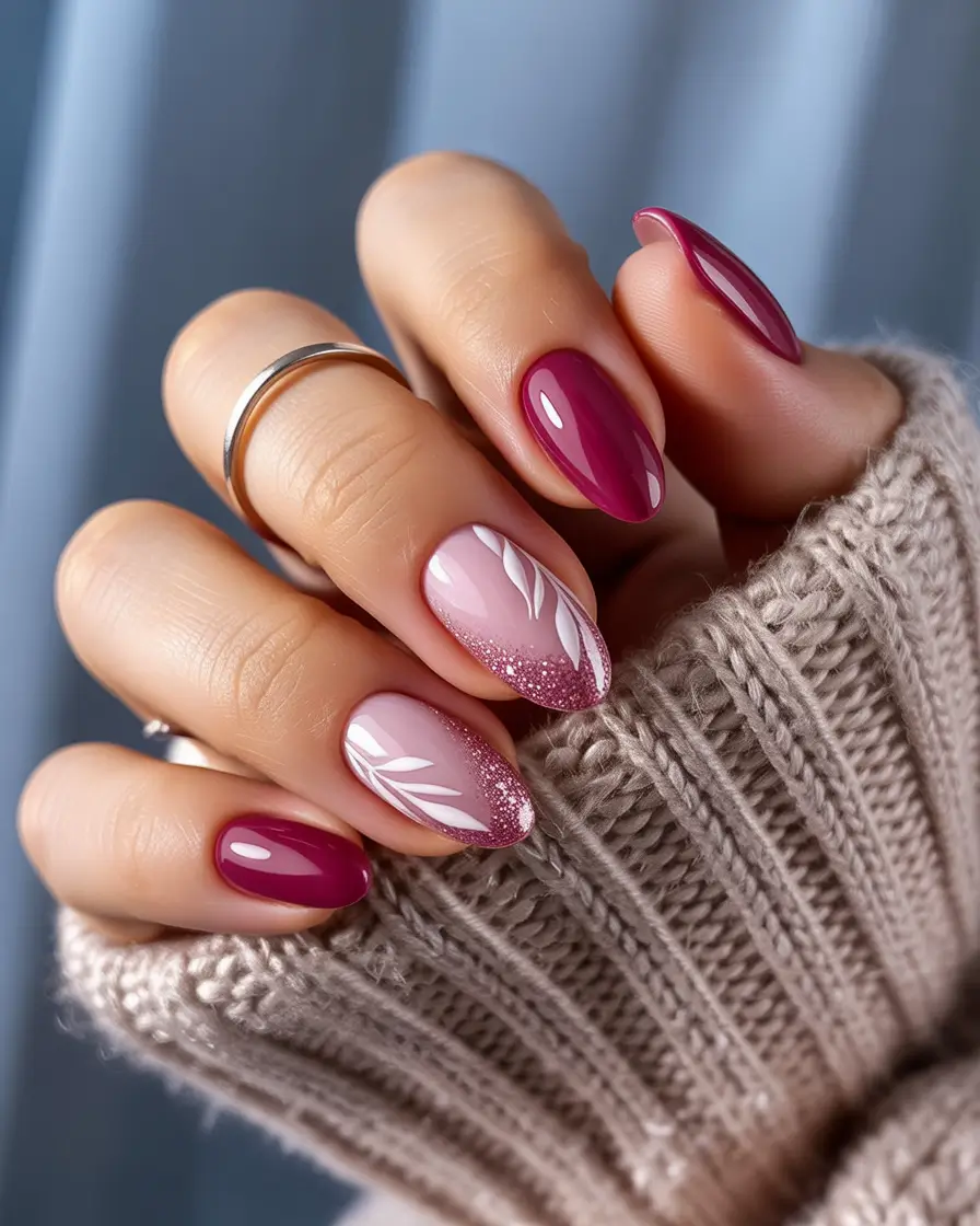 Cute Pink Fall Nails 2025 Deep Berry with Leafy Accents