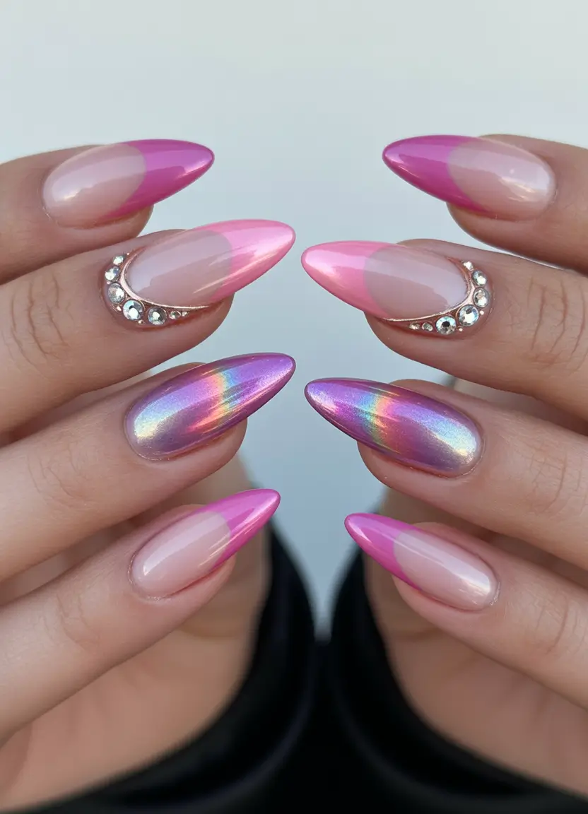 Cute Pink Fall Nails 2025 Iridescent Pink Chrome With Rhinestones