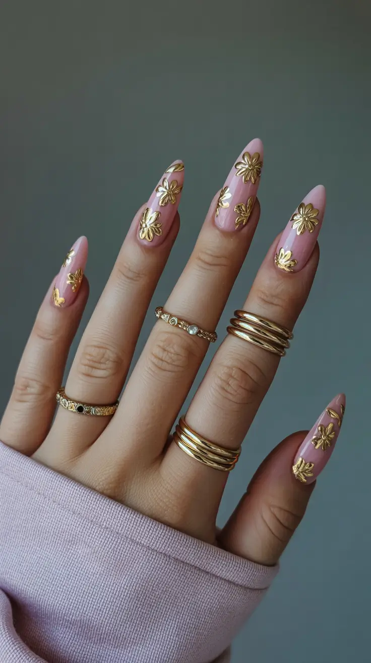 Cute Pink Fall Nails 2025 Golden Floral Accents