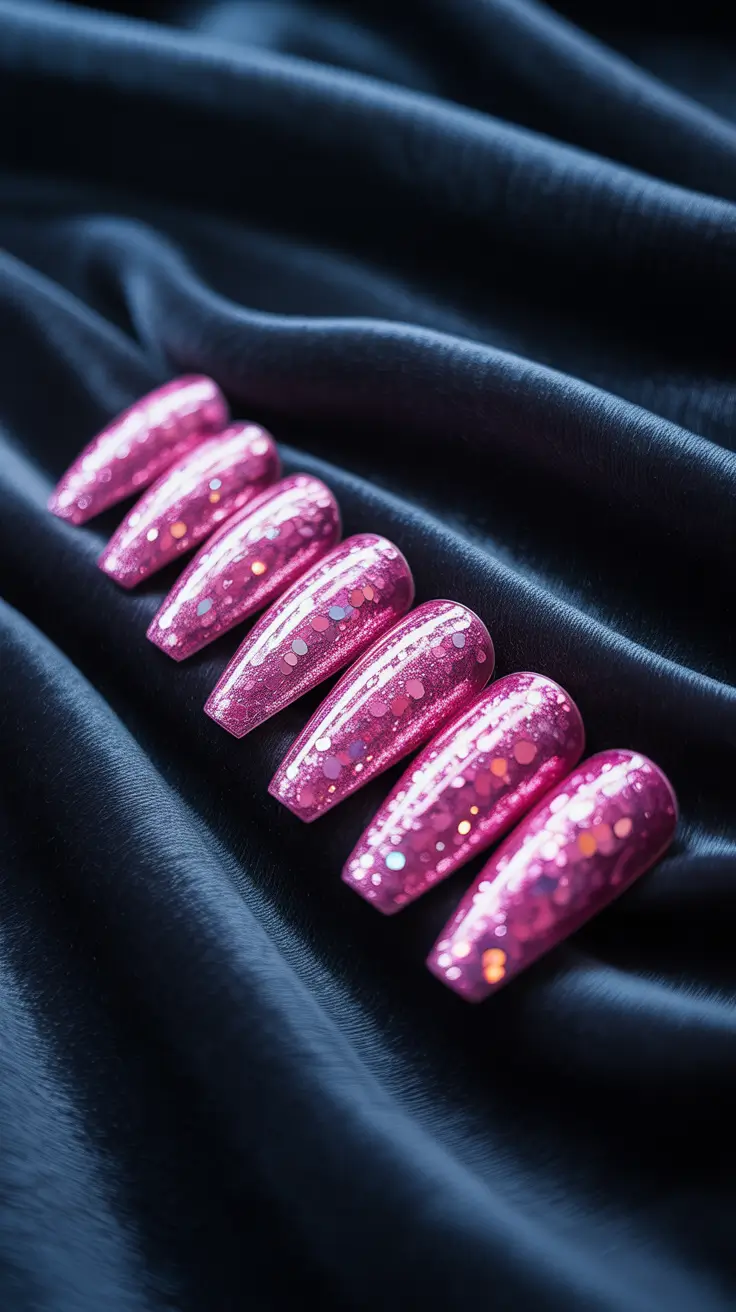 Cute Pink Fall Nails 2025 Glitter-Coated Pink Acrylics