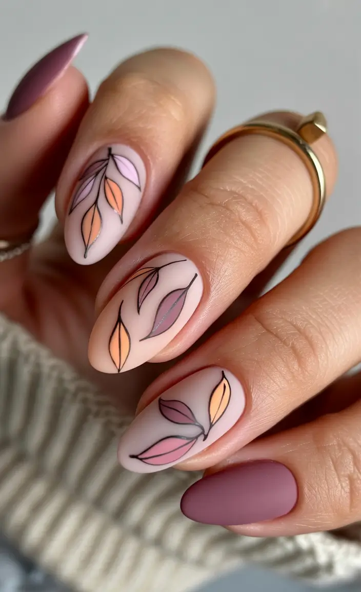 Cute Pink Fall Nails 2025 Matte Leaves in Autumn Shades