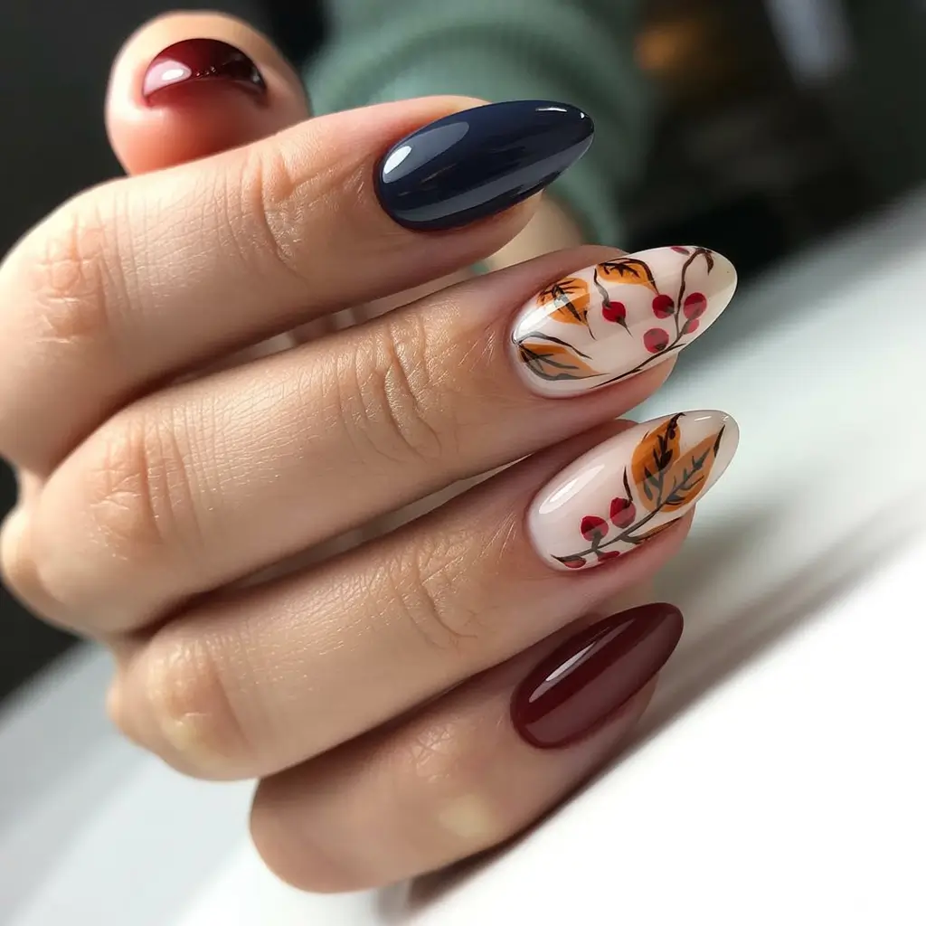 easy fall nail designs 2025 Woodland Berries & Leaves
