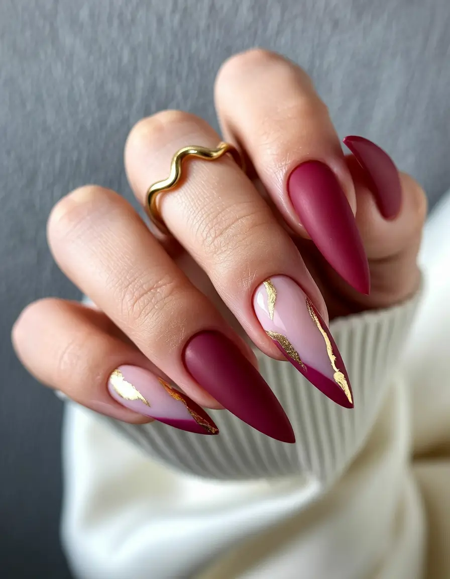 easy fall nail designs 2025 Wine Red with Golden Veins