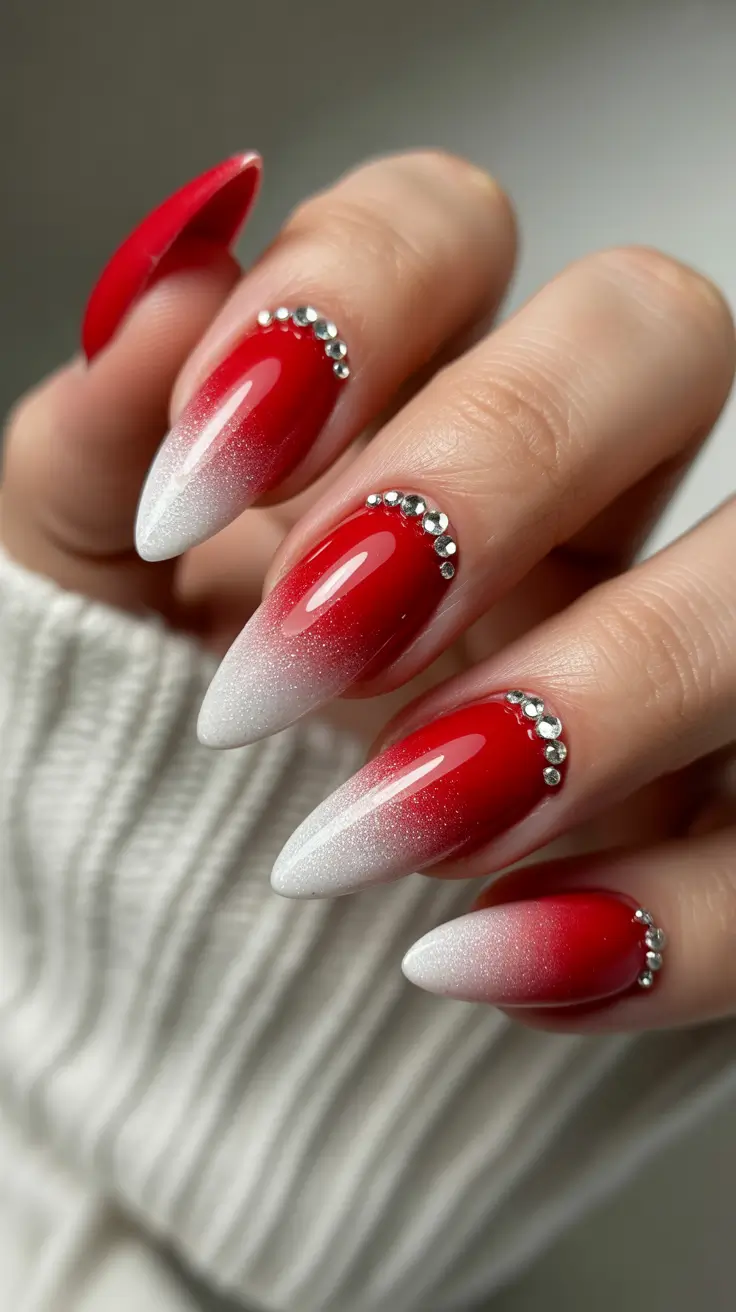 Red Ombre Elegance with Crystals Easy Fall nails 2025