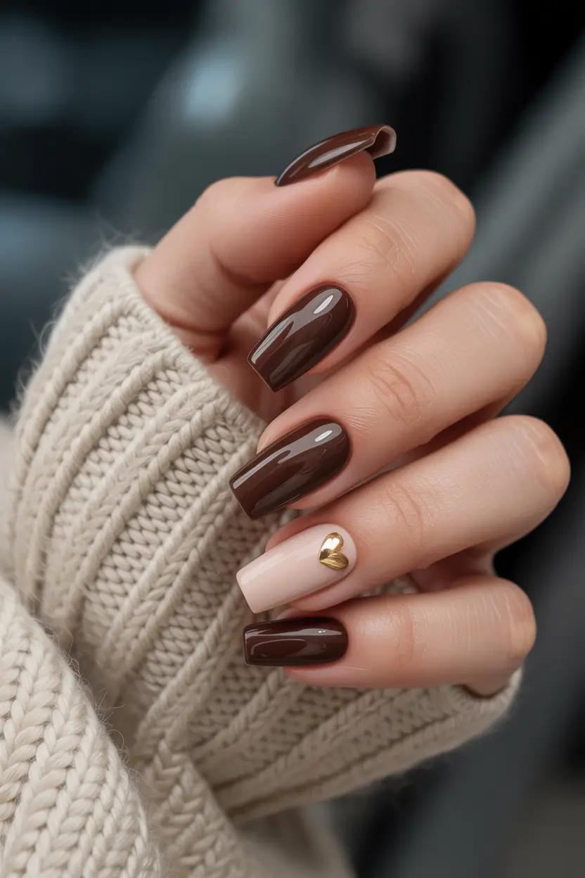 easy fall nail designs 2025 Chocolate Glaze with Golden Heart