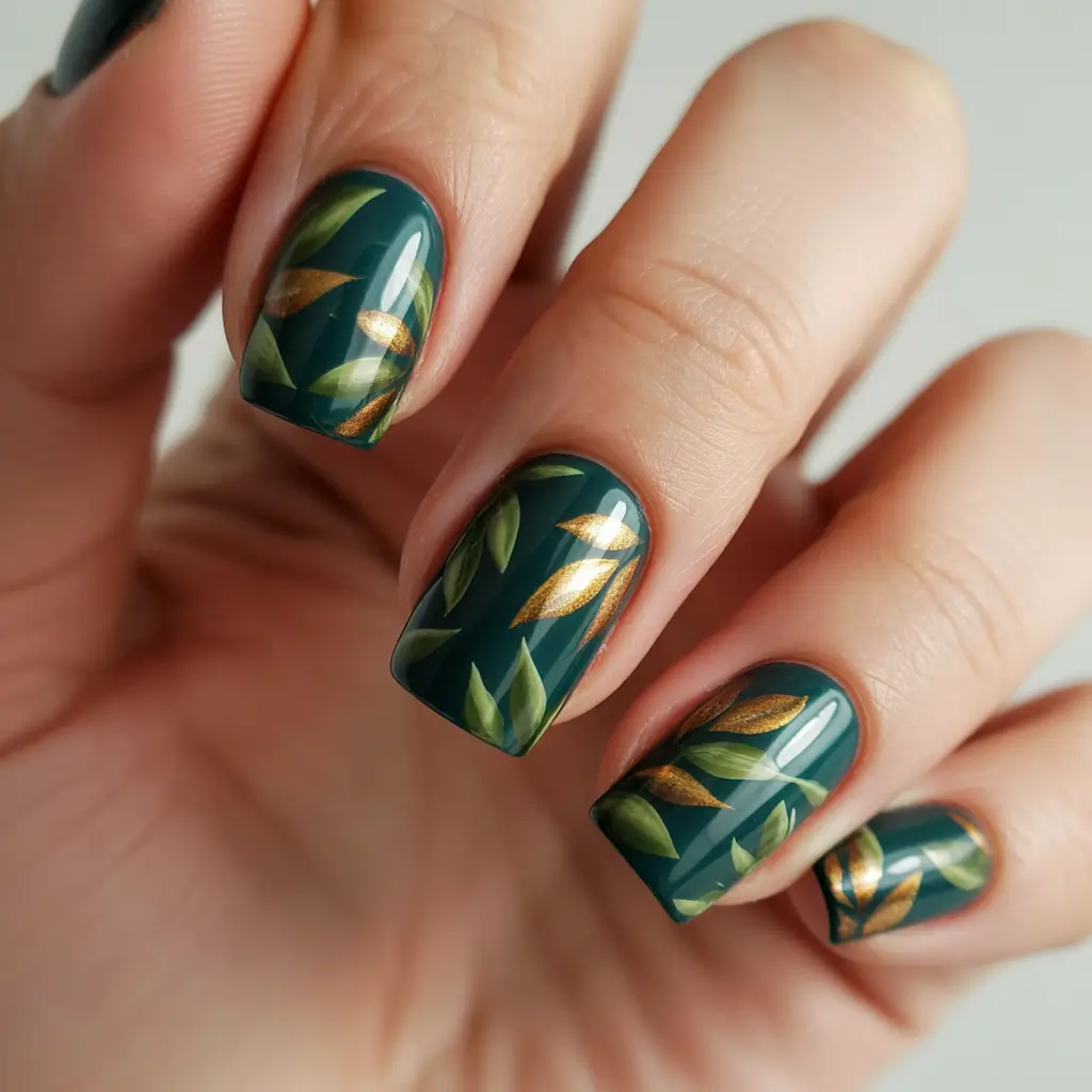 easy fall nails 2025 Botanical Green with Gold Accents
