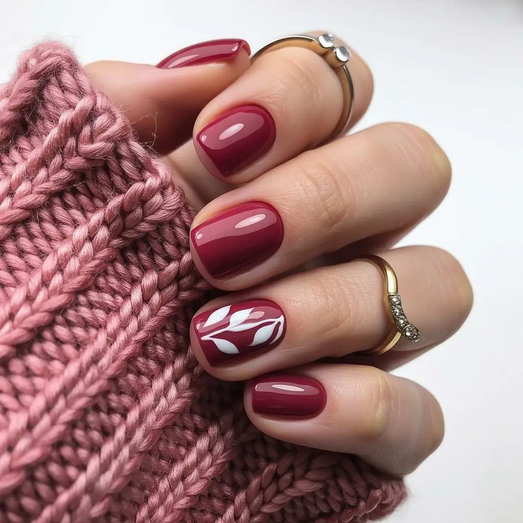 easy fall nails 2025 Deep Berry with Leaf Motif
