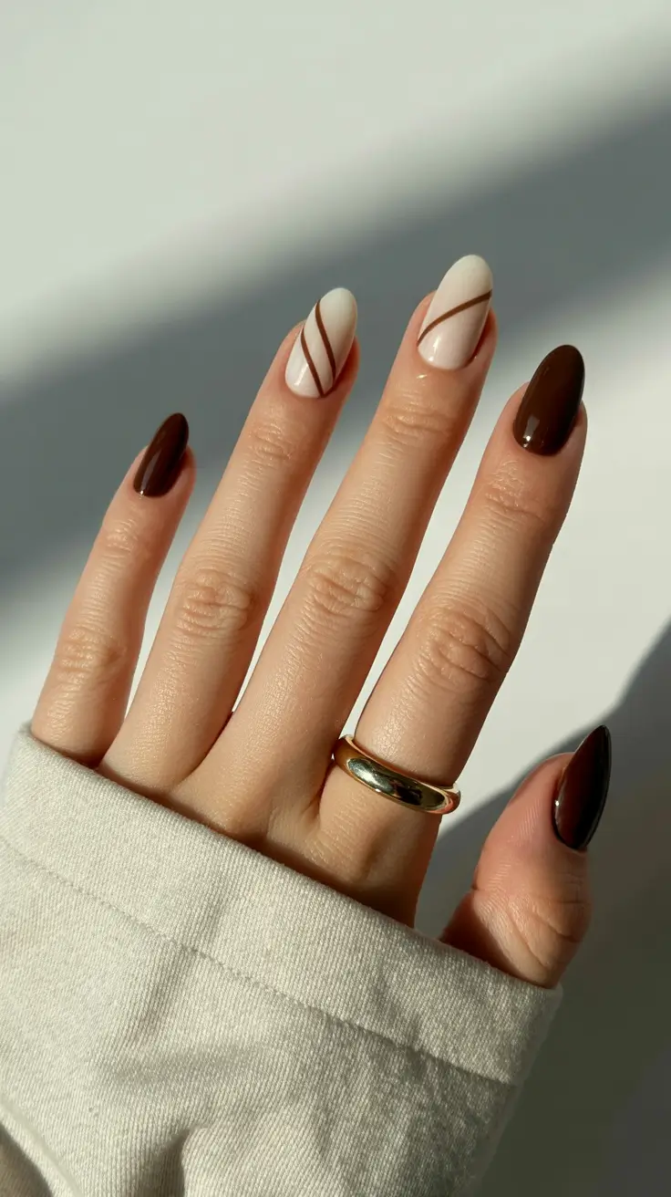 easy fall nail designs 2025 Cream & Mocha Minimalist Stripes