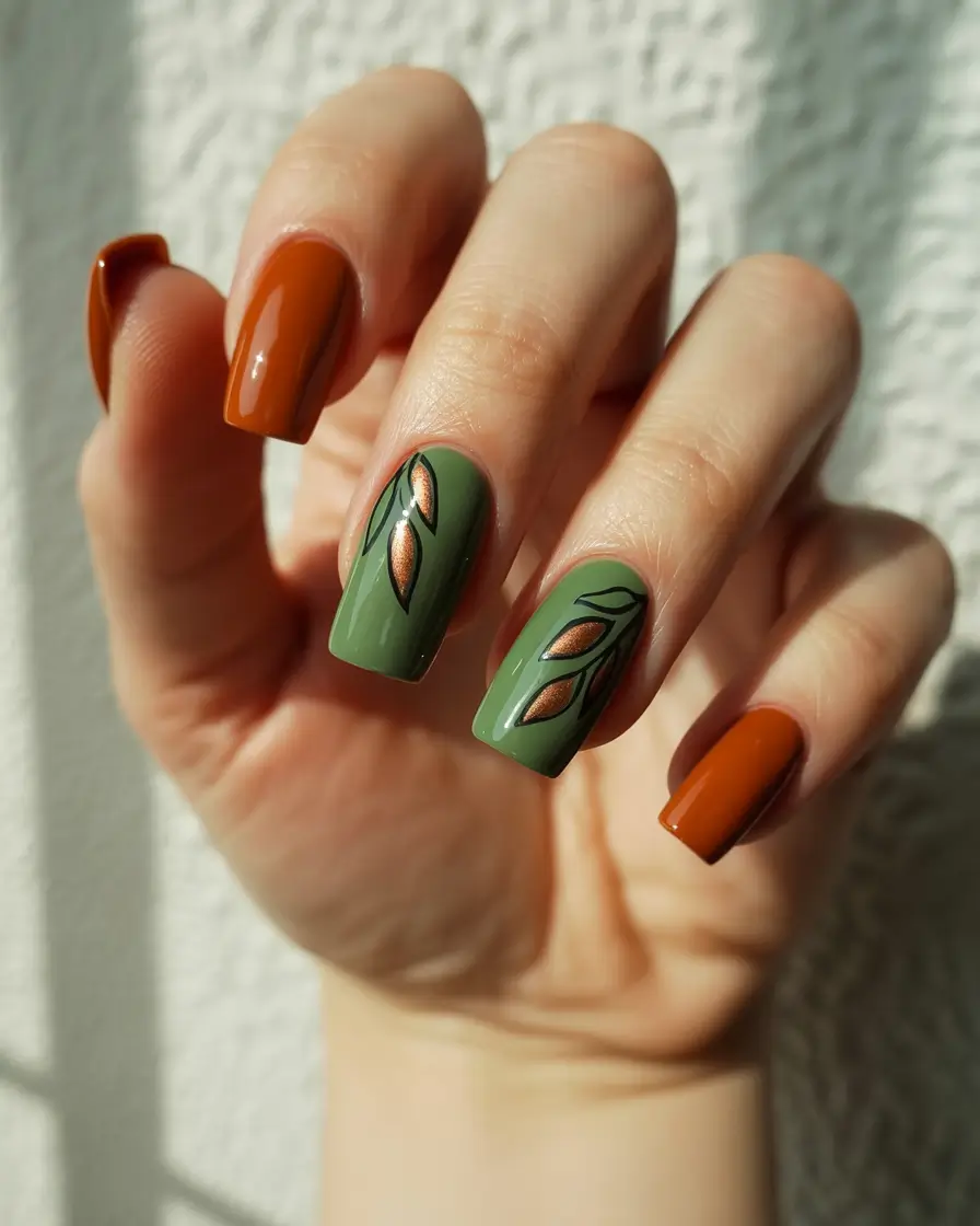 easy fall nail designs 2025 Earthy Green & Terracotta Leaves