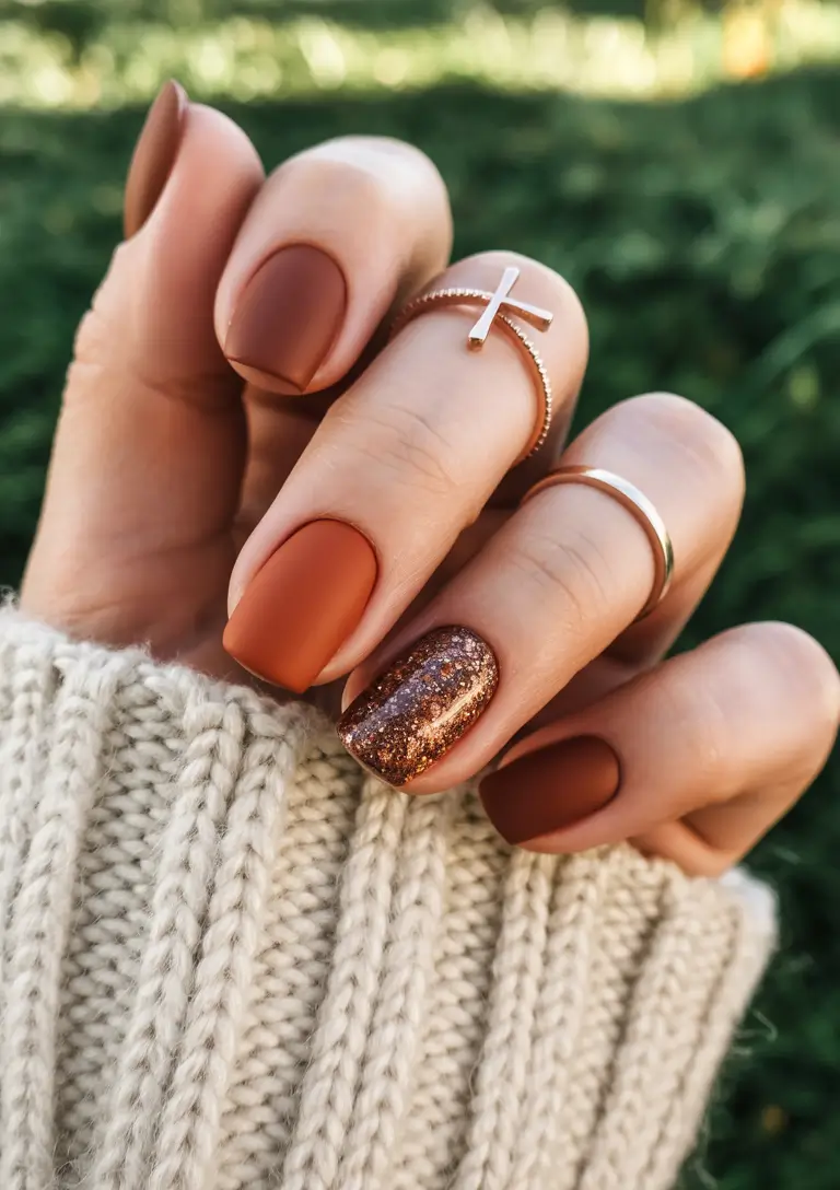 easy fall nail designs 2025 Rusty Matte with Copper Sparkle