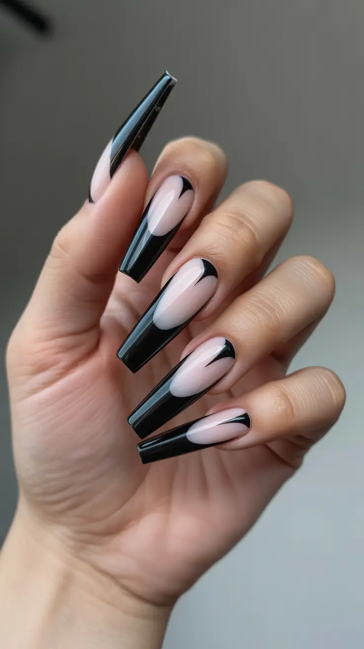 Fall 2025 Ballerina Nails High-Gloss Black with Negative Space