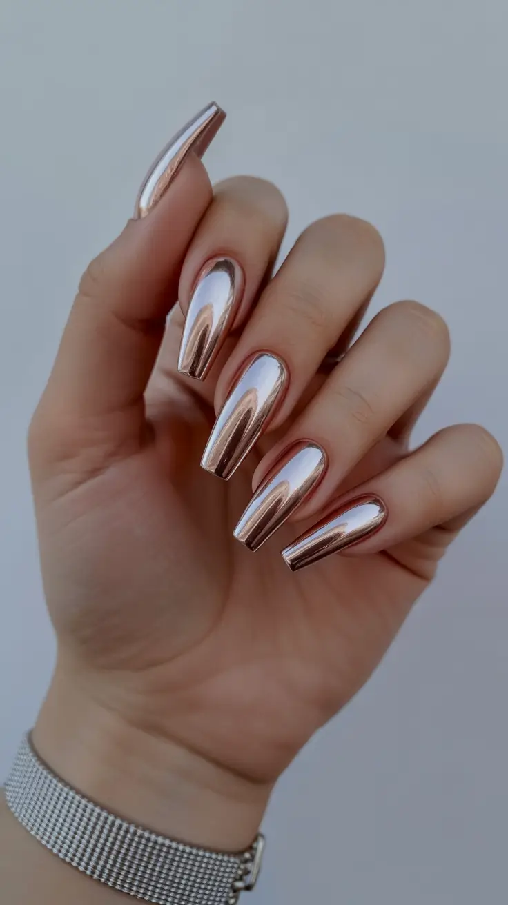 Fall 2025 Ballerina Nails Rose Gold Mirror Shine