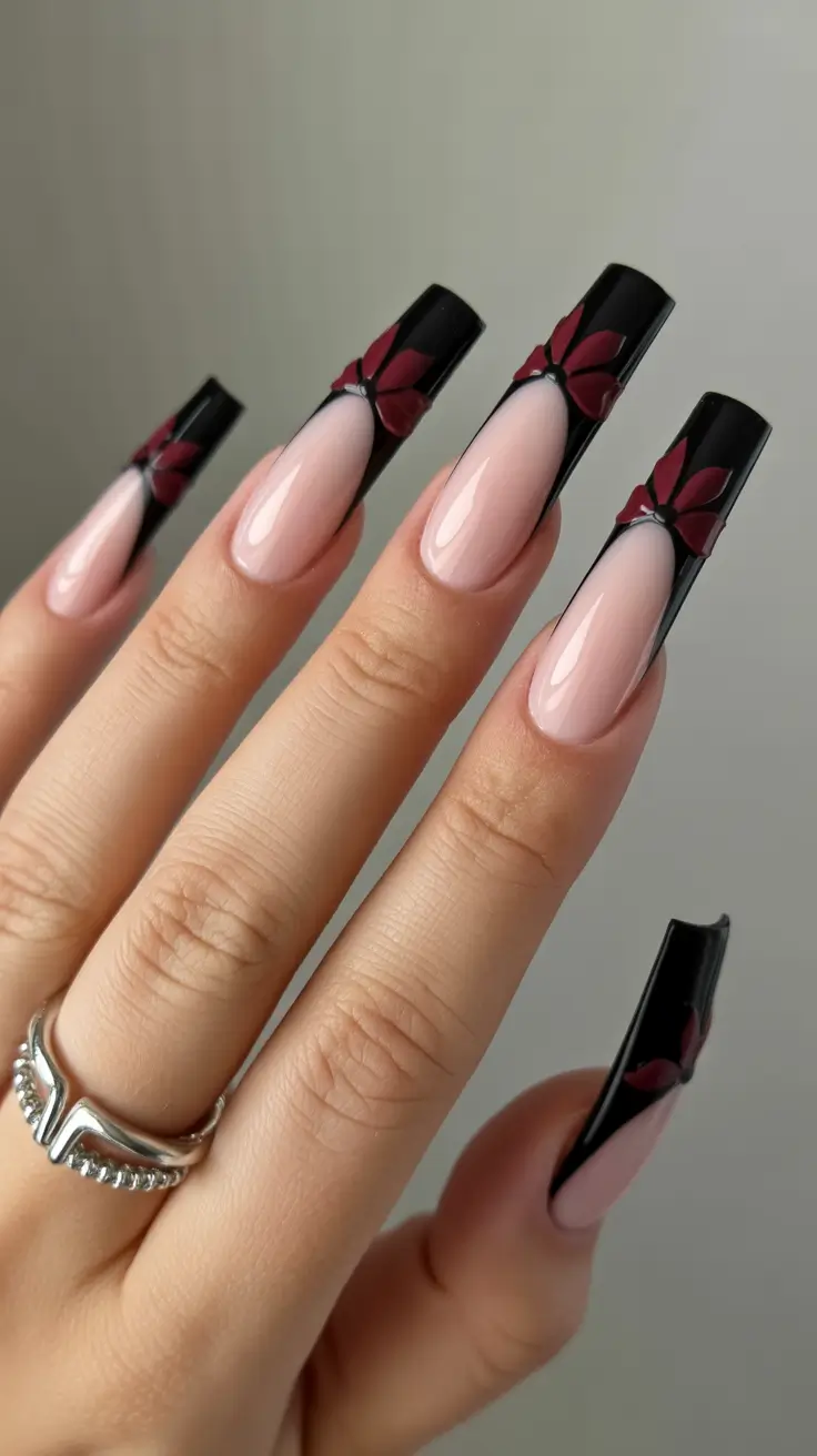 Fall 2025 Ballerina Nails Dark Drama with a Floral Edge