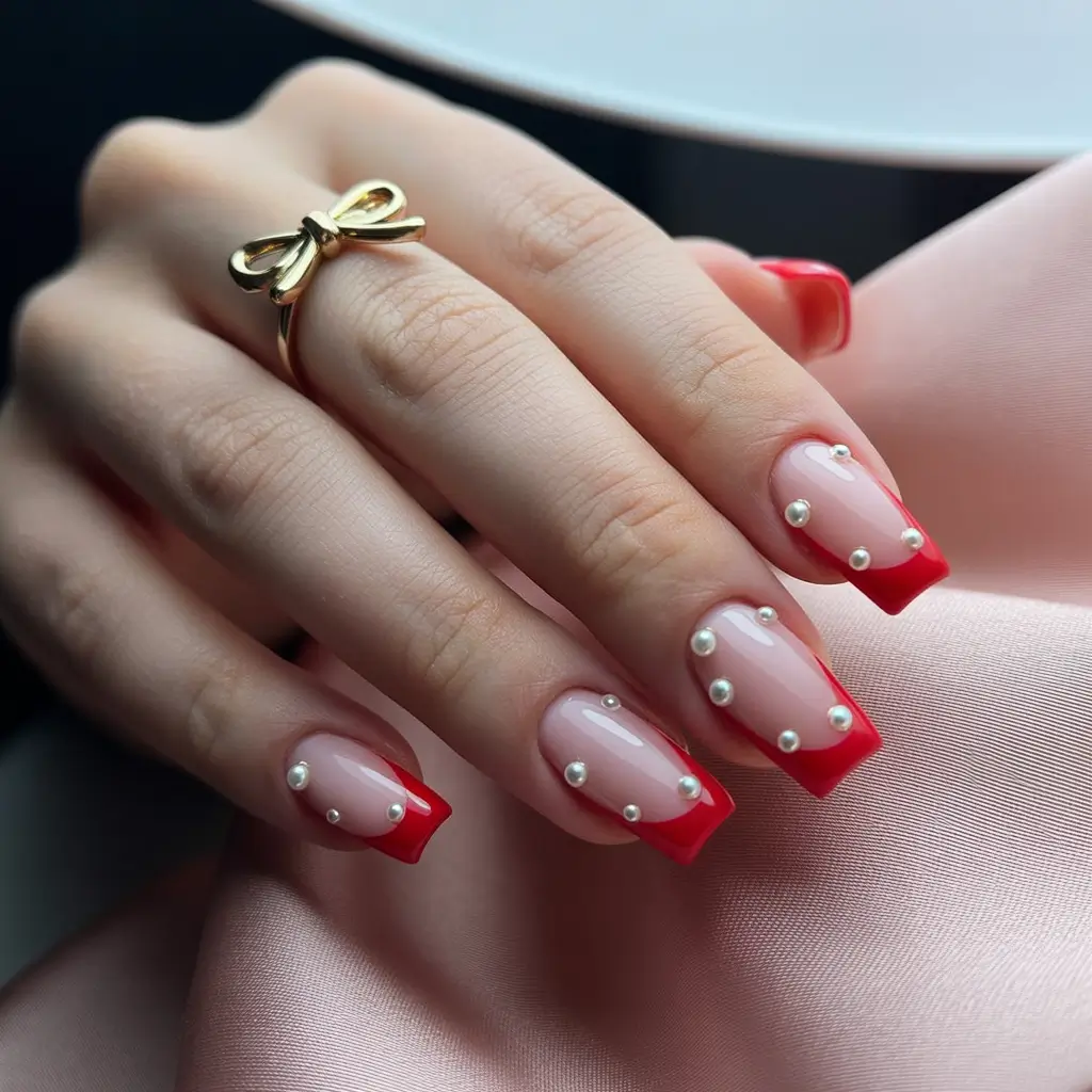 Fall 2025 Ballerina Nails Bold Scarlet and Pearl Accents