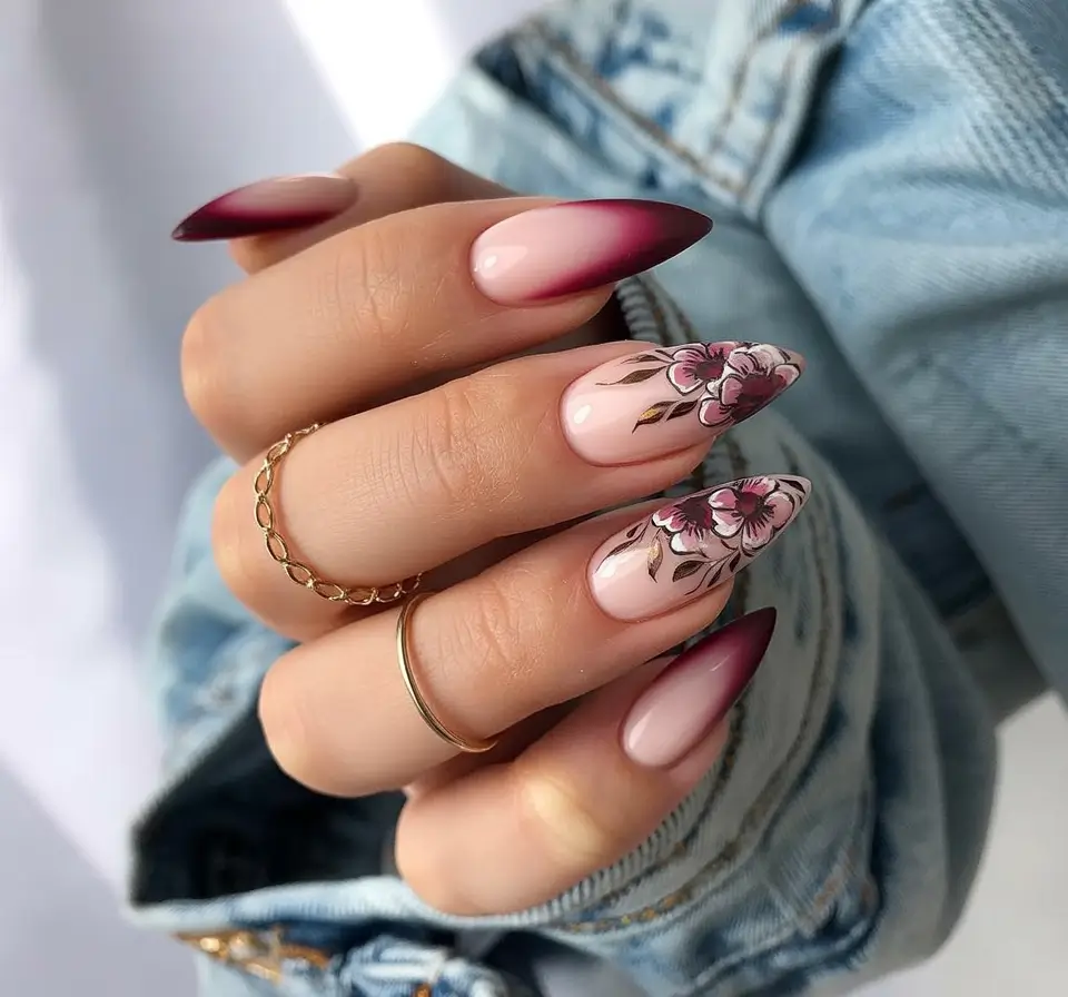 fall colors for nails 2025 Wine Ombre with Autumn Florals