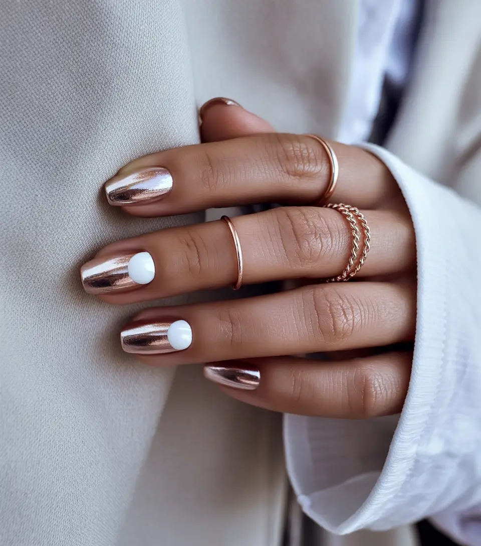 fall colors for nails 2025 Rose Gold Chrome with Lunar Accent