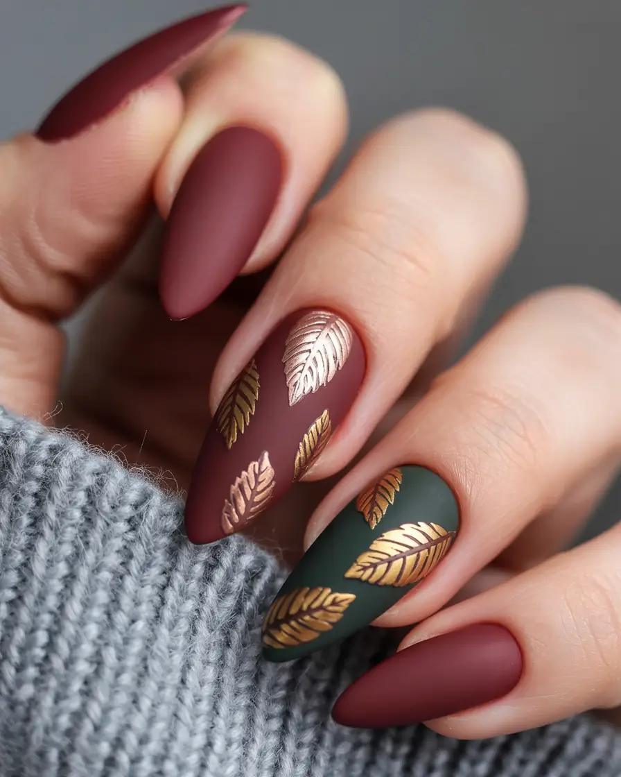 fall 2025 colors for nails Burgundy and Green Matte Elegance