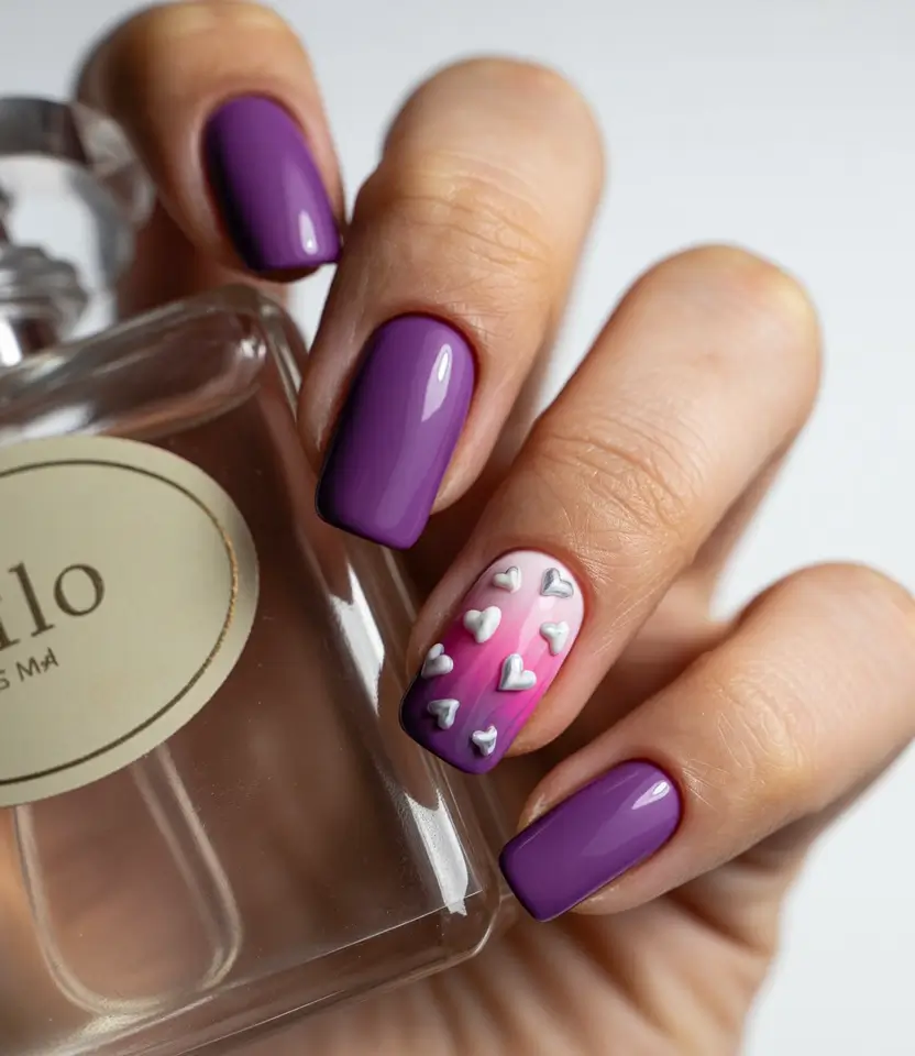 fall 2025 colors for nails Playful Violet with Heart Accents
