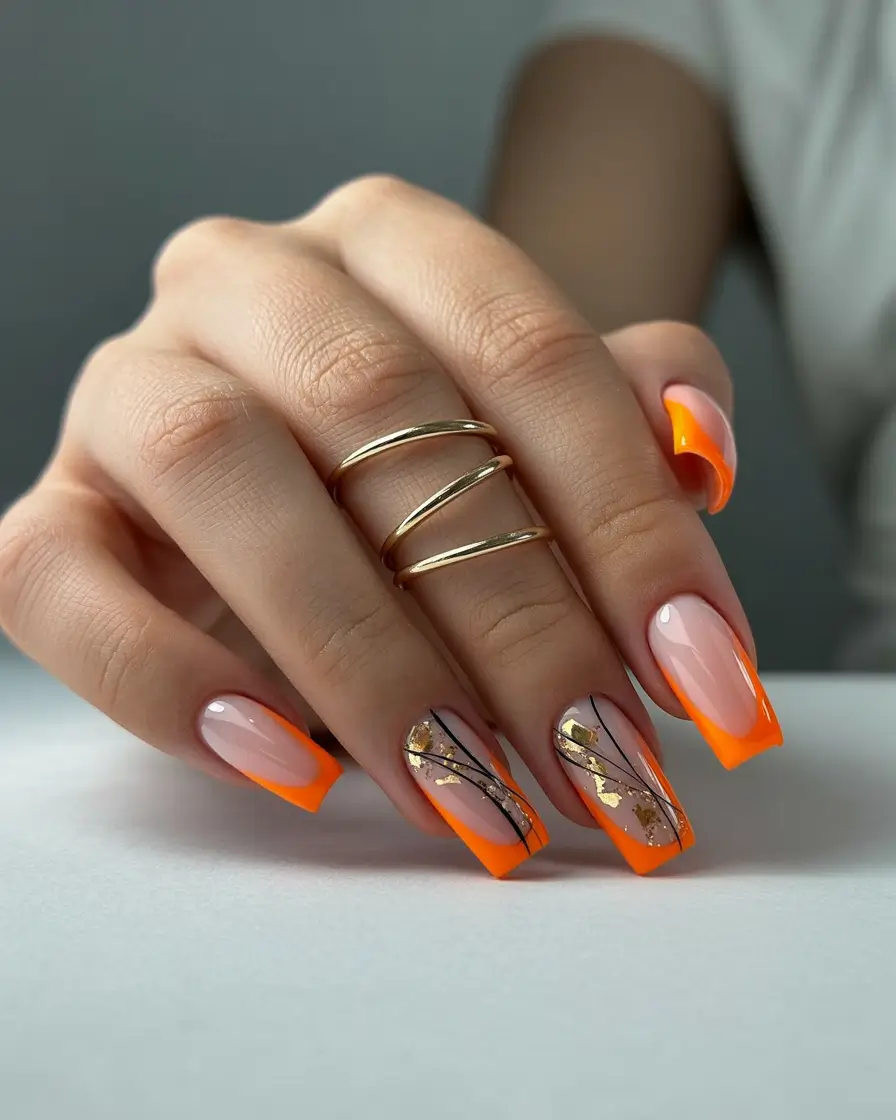 file fall 2025 colors for nails Autumn Orange French with Gold Details